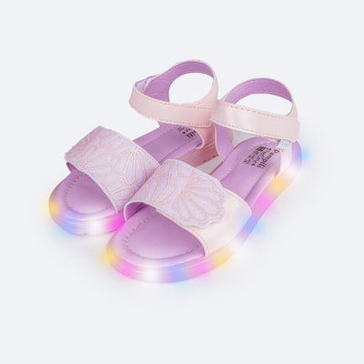 Sandália de Led Infantil Pampili Lulli Conchas Rosa e Lilás - frente da sandália com velcro calce fácil