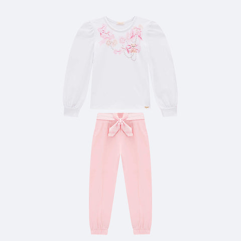 Conjunto Infantil Infanti Blusa e Calça Jogger Branco e Rosa - conjunto infantil feminino
