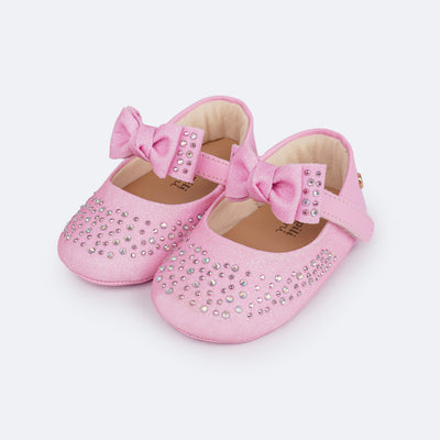 Sapato de Bebê Pampili Nina Laço Glitter Strass Rosa Bale Novo - sapato de bebê para batizado