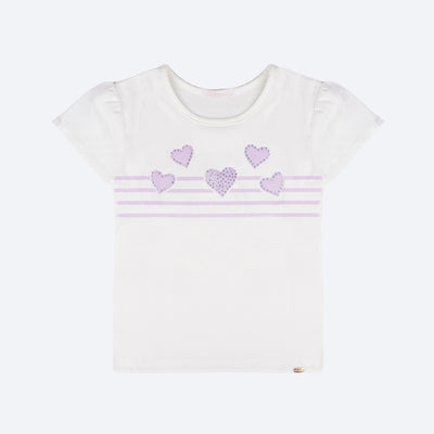 Camiseta Infantil Pampili Corações e Listras Off White e Lilás - frente da camiseta branca