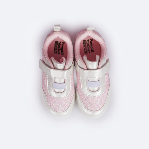 Tênis de Led Infantil Pampili Sneaker Luz Conchas Branco e Rosa - superior do tênis confortável