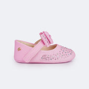 Sapato de Bebê Pampili Nina Laço Glitter Strass Rosa Bale Novo - lateral do sapato com fecho em velcro