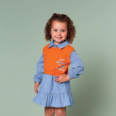Vestido Infantil Bambollina Chemise Xadrez Azul e Colete Laranja - Chemise infantil