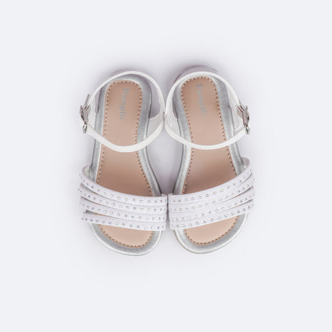 Sandália Infantil Primeiros Passos Pampili Mili Tiras Glitter e Strass Branca - superior da sandália branca com strass