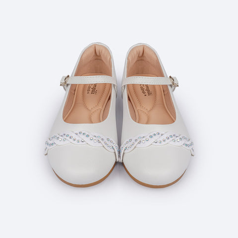 Sapato Infantil Feminino Pampili Angel Tira Glitter e Strass Branco - frente sapato branco