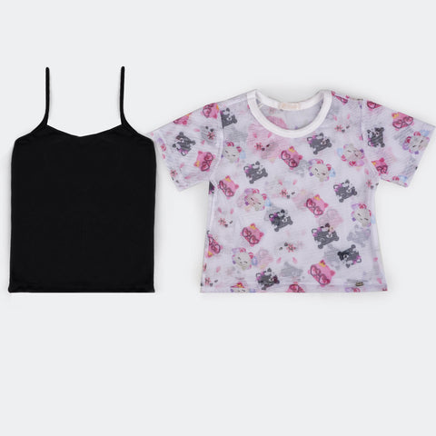 Camiseta Infantil Sobreposta Pampili Branca com Estampa Pamps - peças separadas, regata preta e camiseta branca estampada