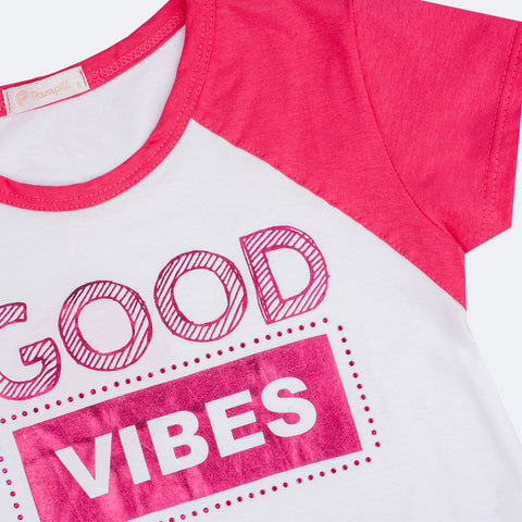 Camiseta Infantil Pampili Good Vibes Pink e Branca - camiseta com mangas colorida