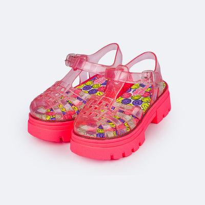 Sandália Infantil Lyra Glee Tratorada Transparente Rosa e Colorida - frente da sandália infantil rosa