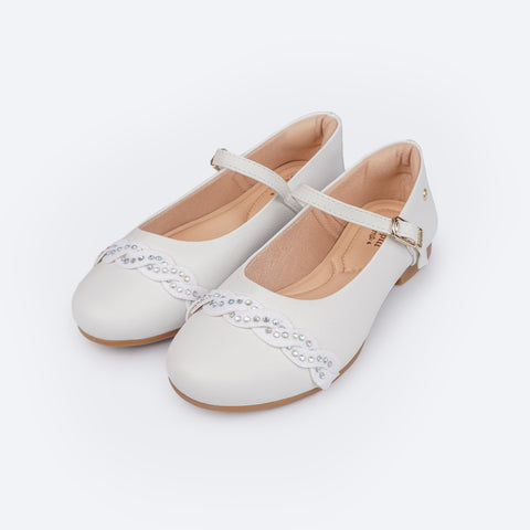 Sapato Infantil Feminino Pampili Angel Tira Glitter e Strass Branco - sapato infantil branco