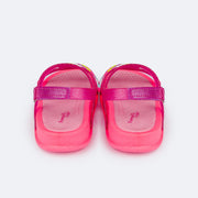 Sandália Papete Infantil Pampili Biz Glee Unicórnio Pink e Colorida - traseira com abertura em velcro
