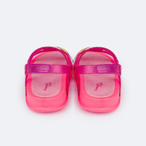Sandália Papete Infantil Pampili Biz Glee Unicórnio Pink e Colorida - traseira com abertura em velcro