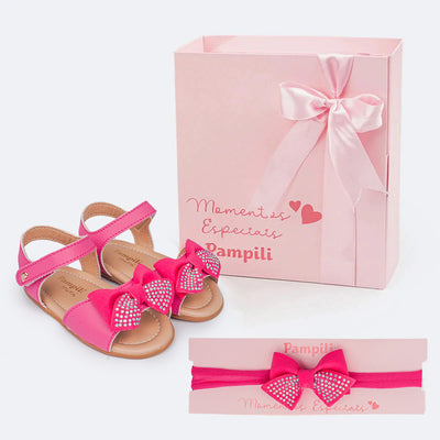 Sandália de Bebê Pampili Nana Laço Strass Pink - sandália e faixa de cabelo bebê