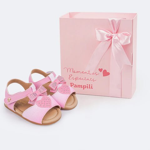 Sandália de Bebê Pampili Nana Coração Strass Rosa Bale - sandália de bebê e caixa personalizada