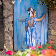 Vestido Infantil Bambollina Bordado Flores e Babado Azul.
