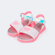 Sandália Infantil Pampili Candy Seja Luz Coração Glitter Strass Holográfica Prata Branca e Rosa Neon - frente da sandália com glitter