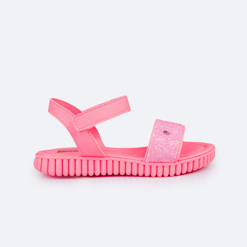 Sandália Papete Infantil Candy Glitter Rosa Neon - lateral sandália com velcro