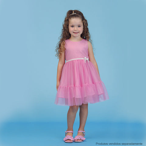 Vestido de Festa Bambollina Tule e Cinto Glitter com Laço Rosa - 2 a 6 Anos - vestido rosa