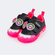 Tênis de Led Infantil Pampili Sneaker Luz Customizável Calce Fácil Monstrinho Preto e Pink Flúor - Vem com 4 Patches - frente do tênis com olhos 