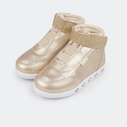 Tênis de Led Infantil Sneaker Luz Cano Médio Love Glitter Fino Metalizado Dourado.