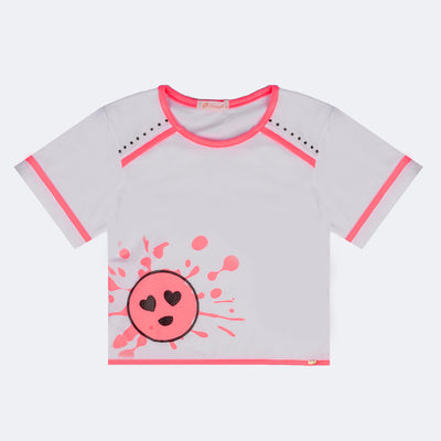 Camiseta Infantil Pampili Carinha Apaixonada Branco e Rosa Neon - frente da camiseta infantil feminina