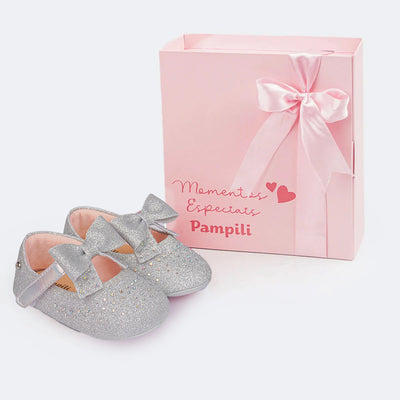 Sapato de Bebê Pampili Nina Momentos Especiais Glitter Strass Prata - sapato bebê e caixa personalizada