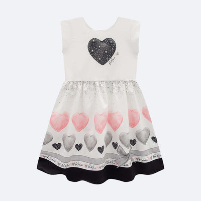 Vestido Infantil Kukiê Coração Pérola Branco e Preto - frente do vestido infantil rodado