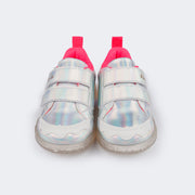 Tênis de Led Infantil Pampili Sneaker Luz Customizável Calce Fácil Monstrinho Holográfico Prata e Pink Flúor - Vem com 4 Patches - frente do tênis sem os patches