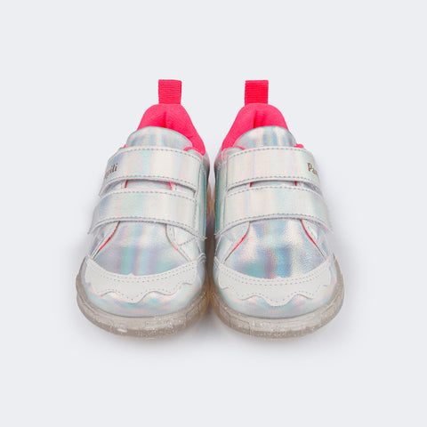 Tênis de Led Infantil Pampili Sneaker Luz Customizável Calce Fácil Monstrinho Holográfico Prata e Pink Flúor - Vem com 4 Patches - frente do tênis sem os patches