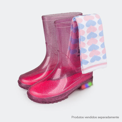 Bota Galocha de Led Infantil Feminina Pampili Lulu Transparente com Glitter Pink - bota transparente com meia colorida