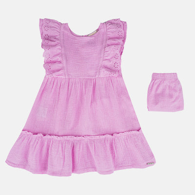 Vestido de Bebê Infanti Renda e Babado Rosa - frente do vestido de bebê e calcinha