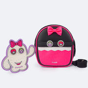 Bolsa Infantil Pampili Customizável Monstrinho Preta e Pink Flúor - Vem com 4 Patches - frente da bolsa com olhos do monstrinho