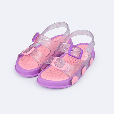 Sandália Papete Infantil Pampili Sun Glee Glitter Rosa e Lilás - frente da sandalia infantil glitter