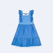 Vestido Pré-Adolescente Bambollina Bordado Flores e Babado Azul - 8 a 12 Anos - frente do vestido azul