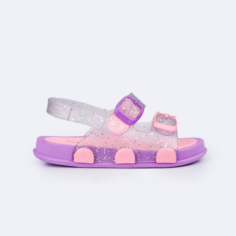 Sandália Papete Infantil Pampili Sun Glee Glitter Rosa e Lilás - lateral da sandália transparente