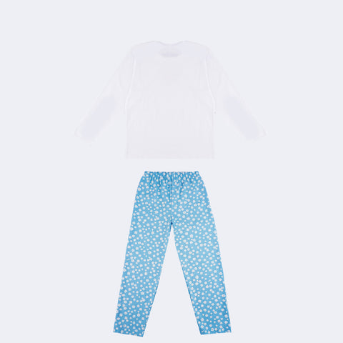 Pijama Pré-Adolescente Cara de Criança Brilha no Escuro Longo Flores Branco e Azul - 10 a 14 Anos - costas do pijama feminino