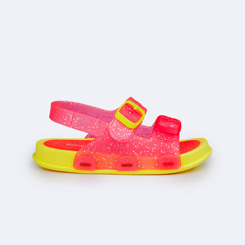 Sandália Papete Infantil Pampili Sun Glee Glitter Rosa e Neon - lateral da sandalia infantil