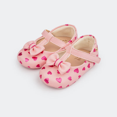 Sapato de Bebê Nina com Estampa Corações Pink e Rosa Glace.
