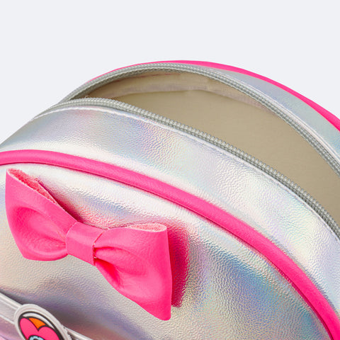 Bolsa Infantil Pampili Customizável Monstrinho Holográfica Prata e Pink - Vem com 4 Patches - abertura em zíper e forro interno 