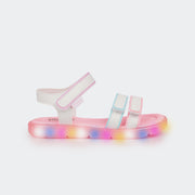 Sandália de Led Infantil Pampili Lulli Calce Fácil Branca e Colorida - foto lateral com luzes de led acesas