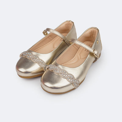 Sapato Infantil Feminino Pampili Angel Tira Glitter e Strass Dourado - frente sapato infantil menina