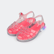Sandália de Led Infantil Pampili Full Plastic Transparente com Glitter e Pink Fluor - foto da frente com glitter
