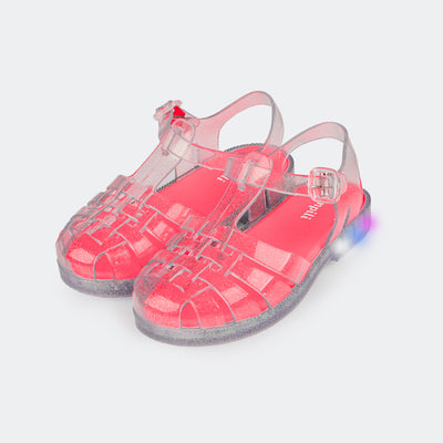 Sandália de Led Infantil Pampili Full Plastic Transparente com Glitter e Pink Fluor - foto da frente com glitter
