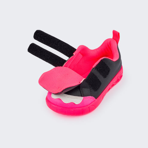 Tênis de Led Infantil Pampili Sneaker Luz Customizável Calce Fácil Monstrinho Preto e Pink Flúor - Vem com 4 Patches - tênis aberto para o calce