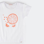 Camiseta T-Shirt Pampili Infantil Feminina Glitter Strass Laranja Branca.