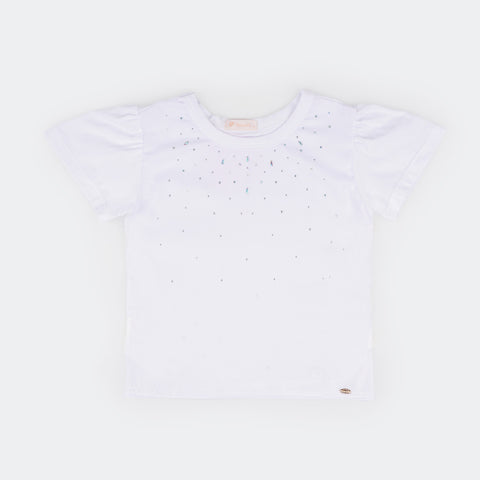 Camiseta Infantil Feminina Pampili Cetim com Pedras Strass Branca - foto da frente da camiseta