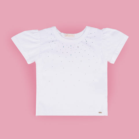 Camiseta Infantil Feminina Pampili Cetim com Pedras Strass Branca - foto da camiseta branca com strass