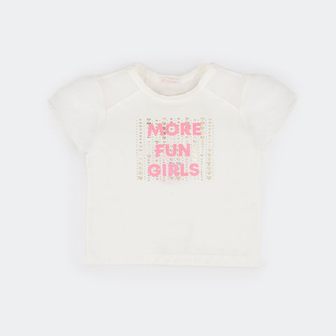 Camiseta Infantil Feminina Pampili More Fun Girls Strass e Corações Off White - foto da frente da camiseta 