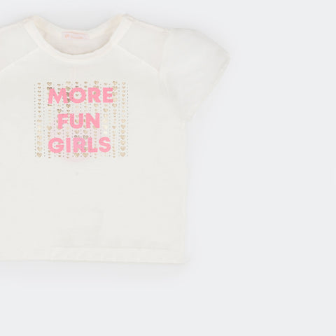 Camiseta Infantil Feminina Pampili More Fun Girls Strass e Corações Off White - foto da frente 