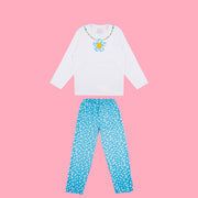Pijama Pré-Adolescente Cara de Criança Brilha no Escuro Longo Flores Branco e Azul - 10 a 14 Anos - frente do pijama feminino