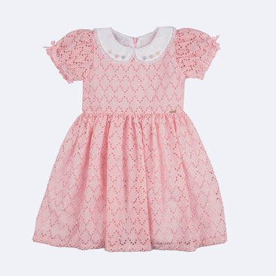 Vestido de Bebê Roana Gola Bordada Laise e Laços Rosa - frente do vestido infantil rosa